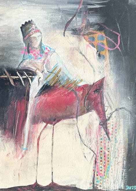 Painting by Mieke Fleurackers of a figure with a red animal