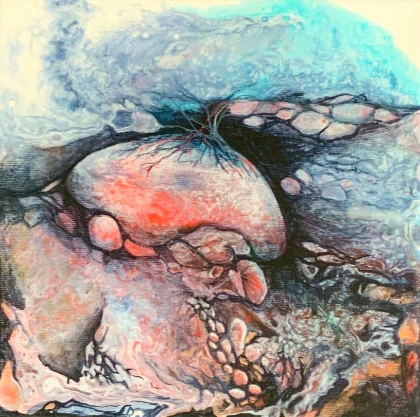 Painting by Mieke Fleurackers titled In the Beginning, in blue, rose and dark tones