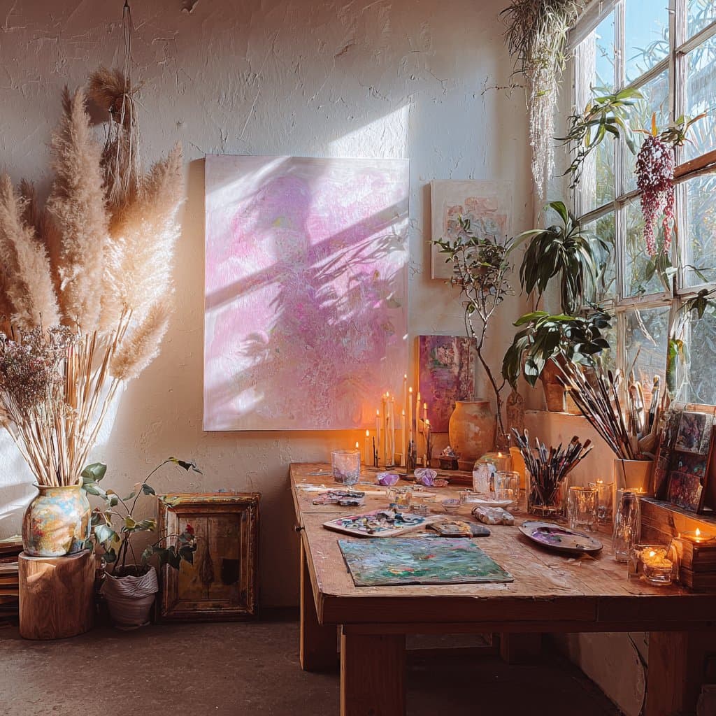 A sunlit painting studio with a pink canvas on the wall, candles, pampas grass and jars of brushes on a wooden table