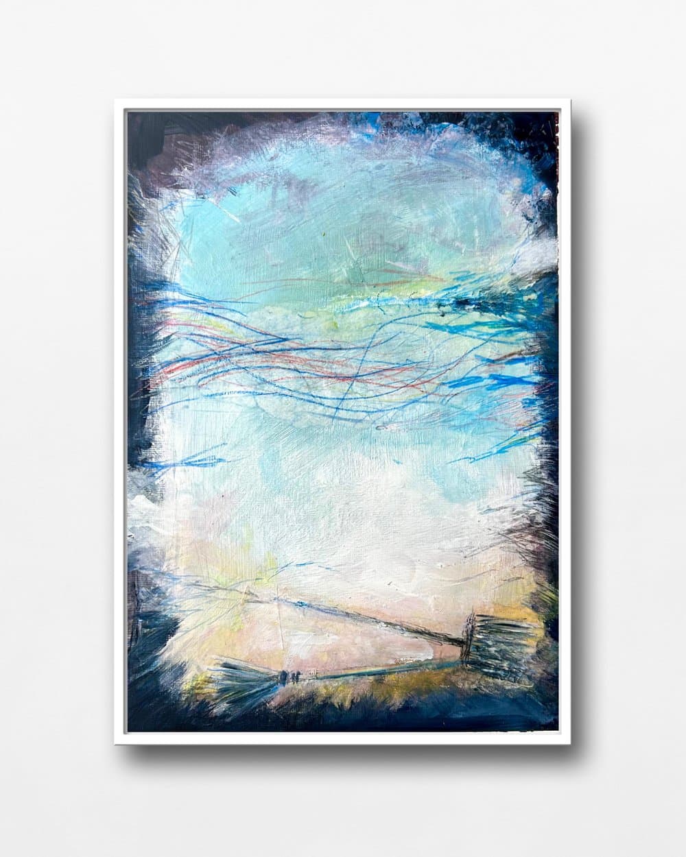 Painting made during a spiritual art reading by Mieke Fleurackers: blue sky with coloured lines over a pale landscape