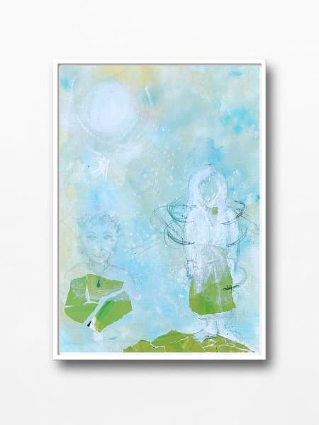 Painting made during a spiritual art reading by Mieke Fleurackers: two pale figures in soft blue with green
