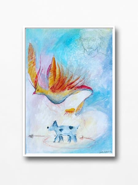 Painting made during a spiritual art reading by Mieke Fleurackers: a fiery bird above a small spotted dog