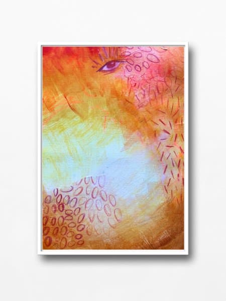 Painting made during a spiritual art reading by Mieke Fleurackers: an eye in warm orange and yellow