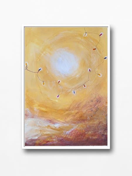 Painting made during a spiritual art reading by Mieke Fleurackers: a glowing sun with a string of lights