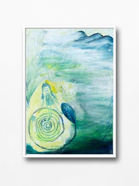 Painting made during a spiritual art reading by Mieke Fleurackers: a smiling figure on a green spiral