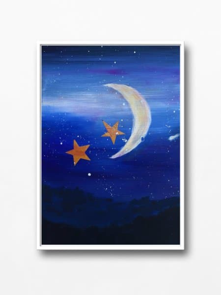 Painting made during a spiritual art reading by Mieke Fleurackers: a crescent moon with two golden stars on deep blue