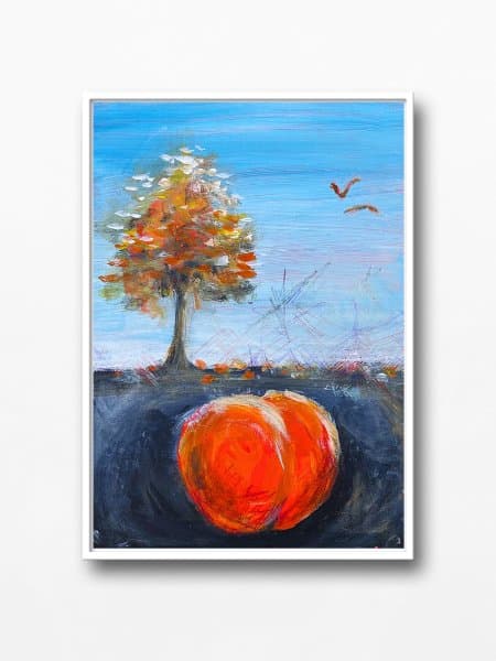 Painting made during a spiritual art reading by Mieke Fleurackers: an autumn tree above a glowing orange stone