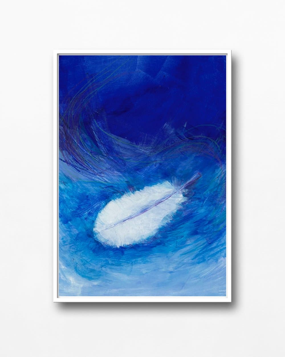 Painting made during a spiritual art reading by Mieke Fleurackers: a white feather on deep blue