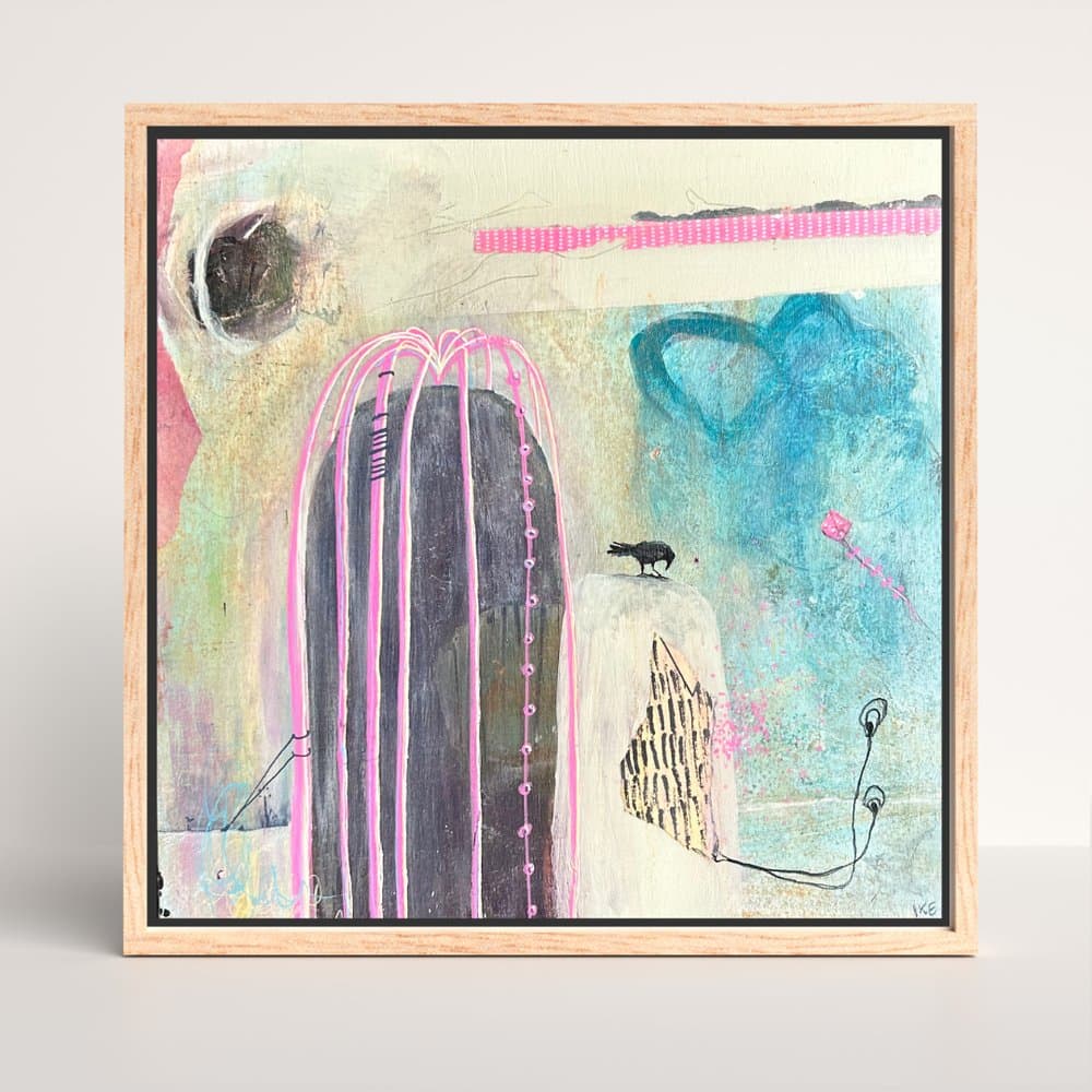 How the story began: an abstract painting with pink lines, a small crow and a blue heart shape