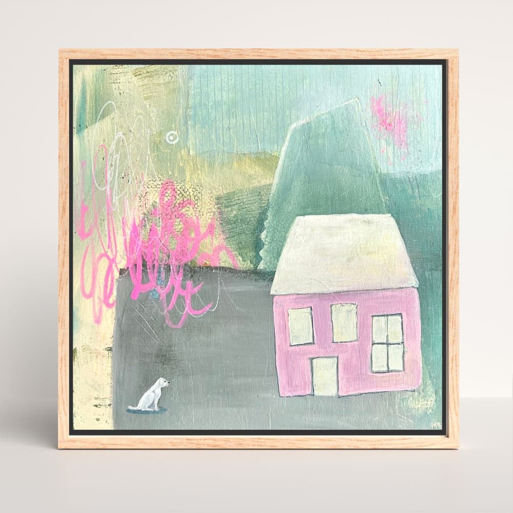 That time the dog had to watch the house: a painting of a pink house and a small white dog on a grey-green ground