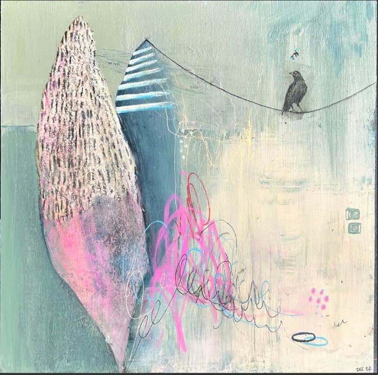 Shadow Work: a painting of a crow on a wire beside a tall hatched shape, in soft green and pink