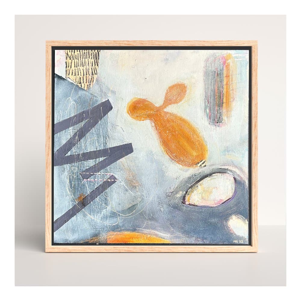 The only way out is in: an abstract painting with an orange shape, a dark zigzag and a pale eye shape on blue-grey