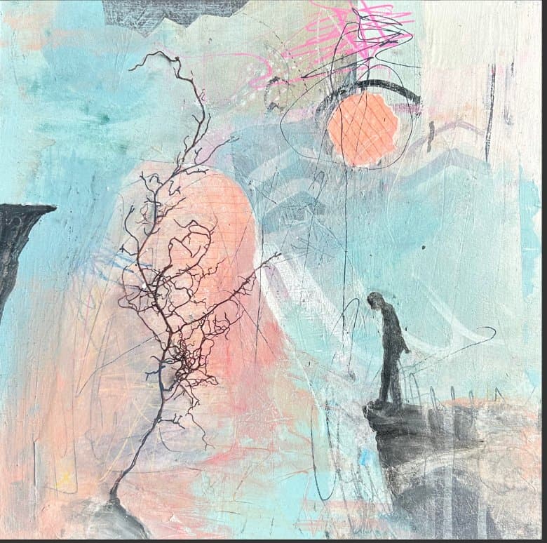 Depression: a painting of a lone figure at the edge of a cliff beside a bare branch, in pale blue and peach