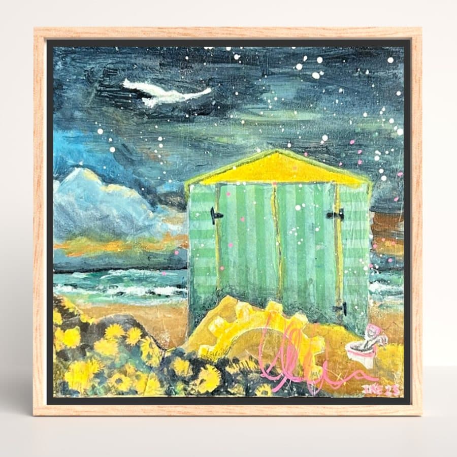 Framed Missed Beyond Measure painting of a green striped beach hut under a starry evening sky