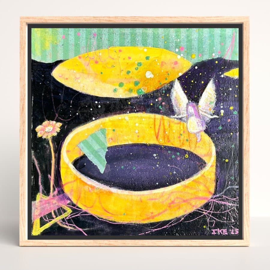 Framed Missed Beyond Measure painting of an open yellow box with a small fairy on its rim