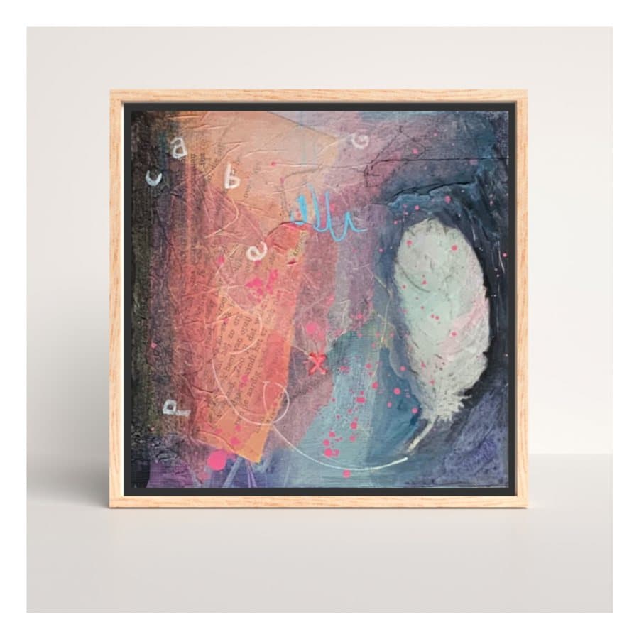 Framed Missed Beyond Measure painting of a white feather on a dusky pink and blue background