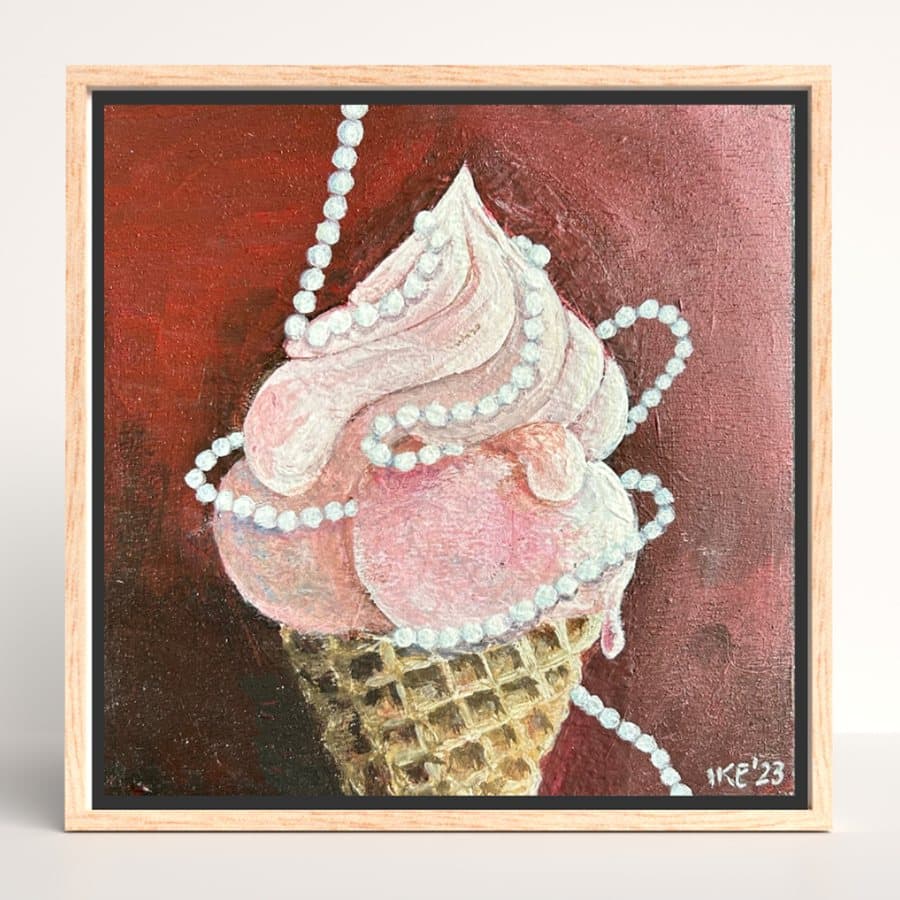 Framed Missed Beyond Measure painting of a pink ice cream cone wrapped in pearls