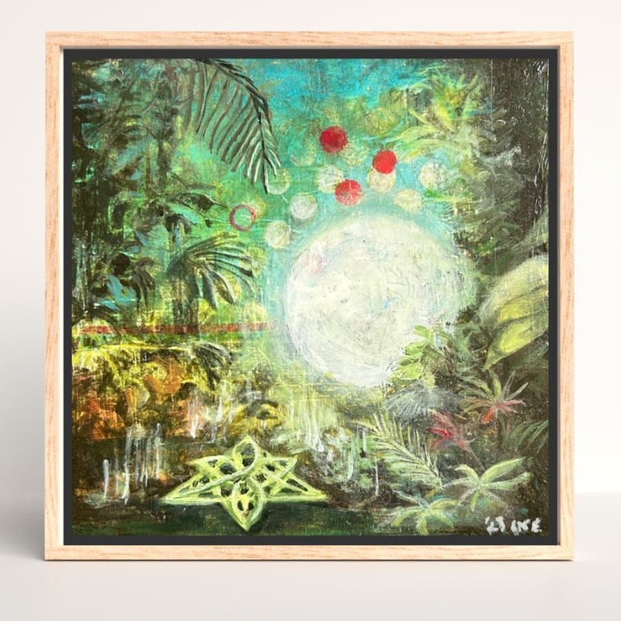 Framed Missed Beyond Measure painting of a white moon glowing in a green jungle