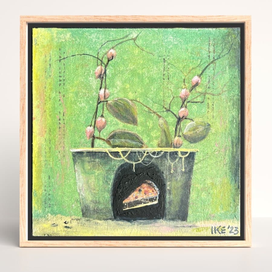 Framed Missed Beyond Measure painting of a plant with pink buds in a pot with a slice of pie inside