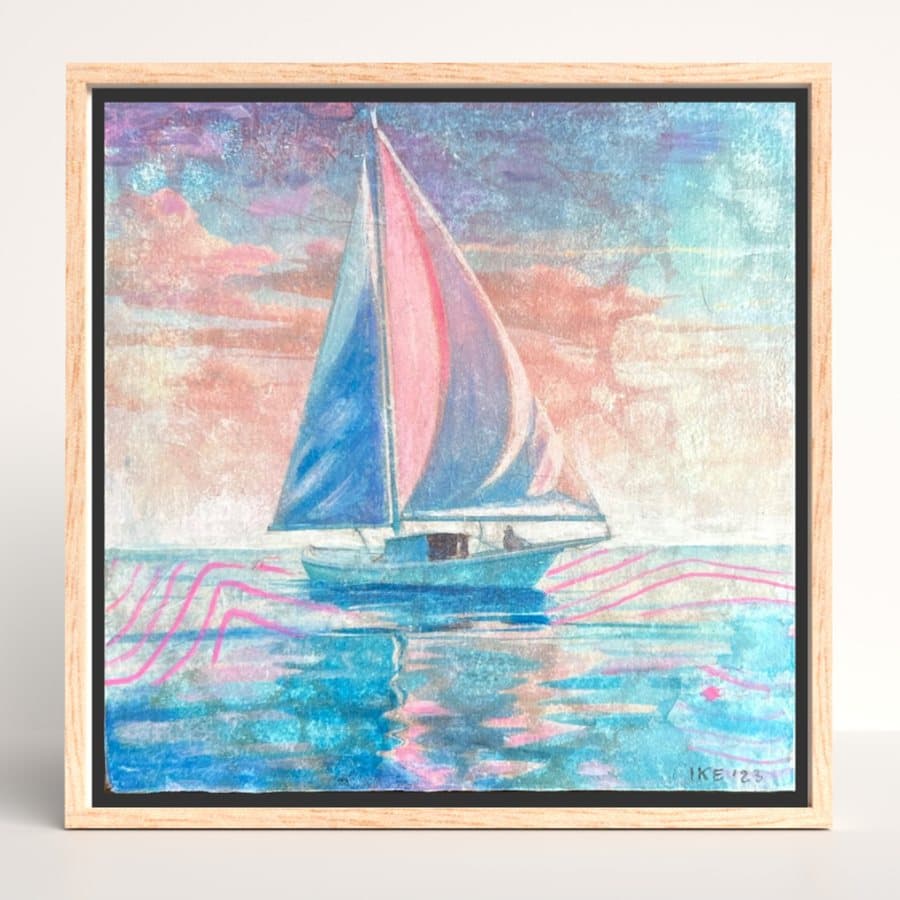 Framed Missed Beyond Measure painting of a sailboat with pink and blue sails on a calm sea
